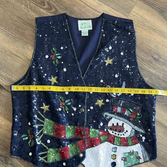 The Quacker Factory sequin snowman Christmas vest Large Navy - Picture 6 of 11